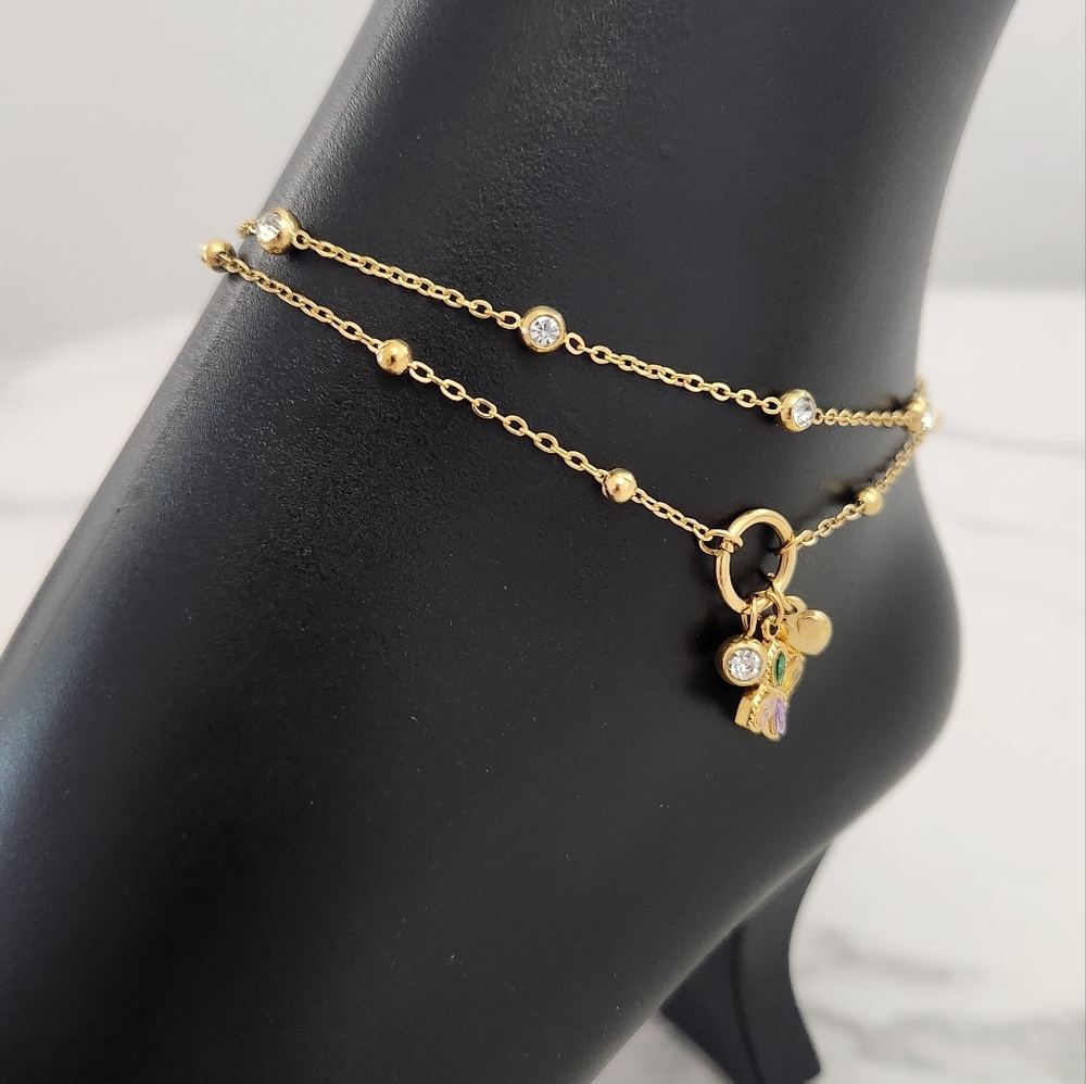 Gold Double Chain Anklet Dainty Crystals Butterfly Heart Charm Ankle Bracelet - Picture 10 of 14